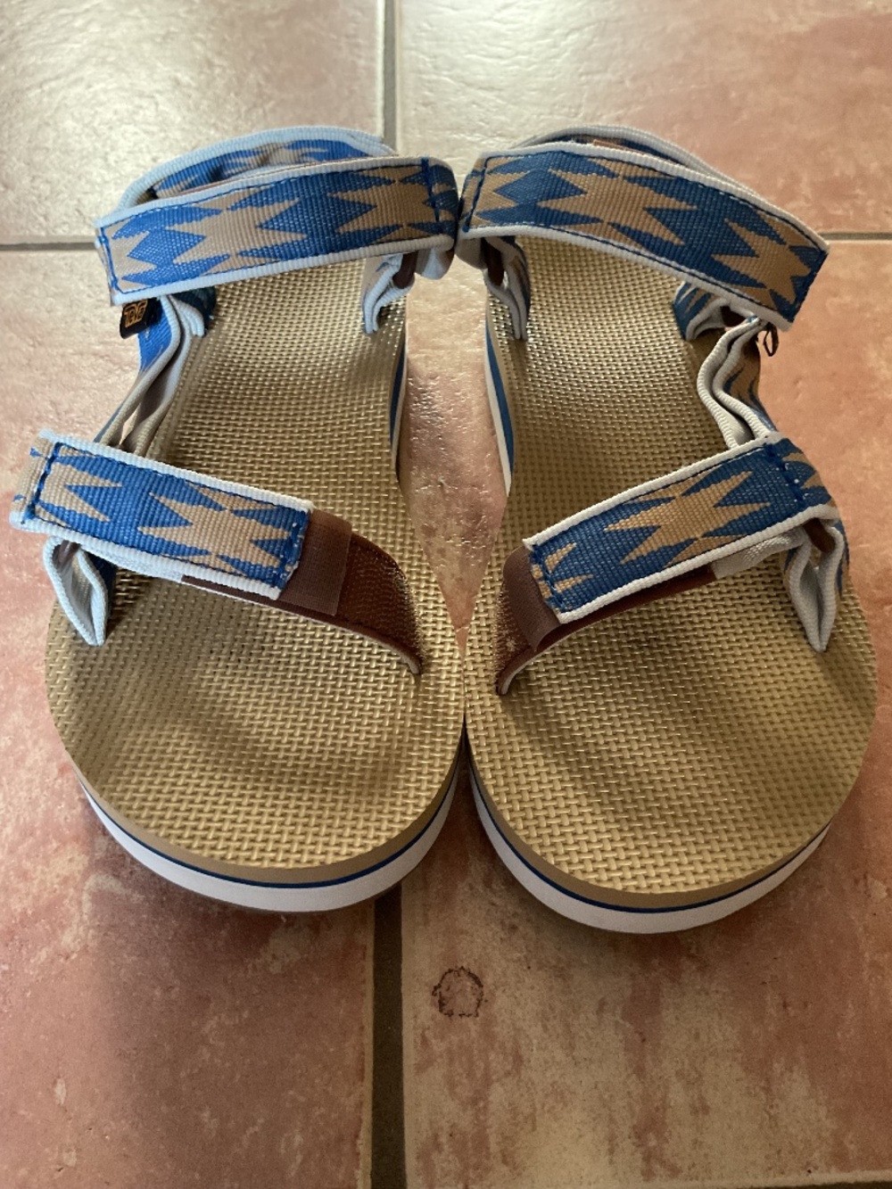 Teva sandals, size 6, blue & beige pattern. Good condition